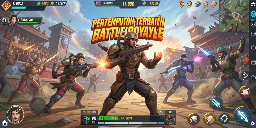 Tampilan screenshot utama 11BOLA menampilkan aksi menegangkan di arena Battle Royale.