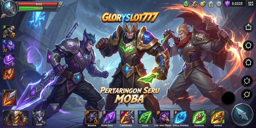 Screenshot gameplay seru GLORYSLOT777 dengan pertarungan antara karakter hero.