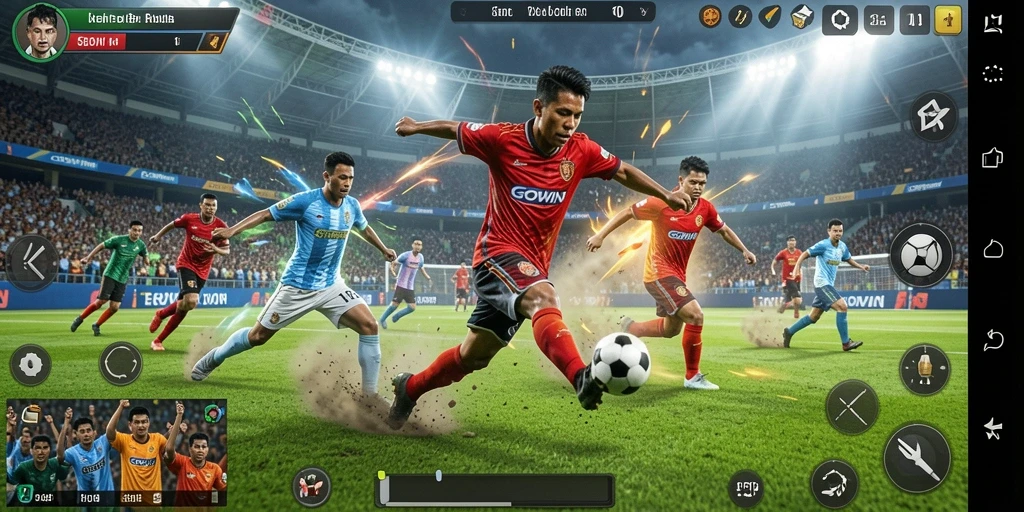 Tampilan gameplay menarik dalam GOWIN dengan aksi sepak bola yang intens.
