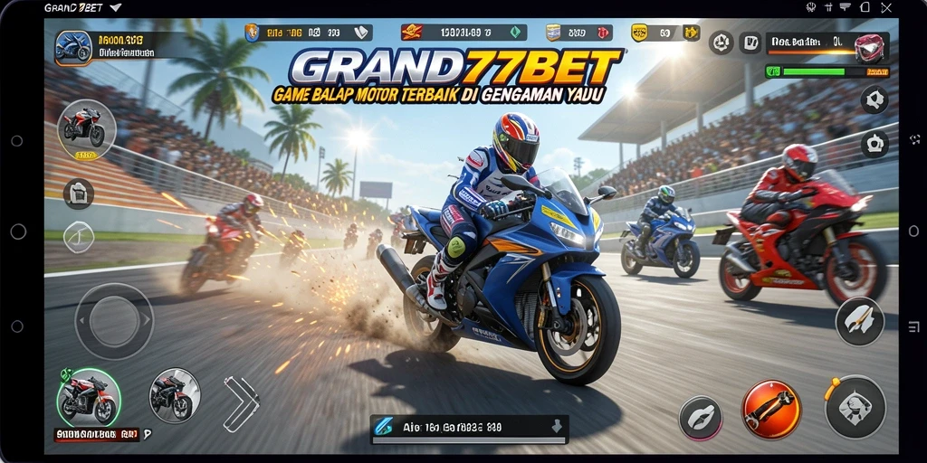 Screenshot gameplay GRAND77BET menampilkan balapan motor yang mendebarkan.
