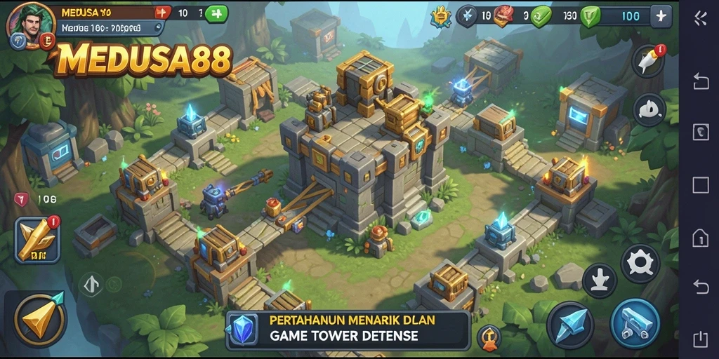 Screenshot dari gameplay MEDUSA88 menampilkan menara pertahanan yang megah.