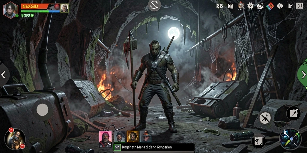 Screenshot gameplay NEXGID yang menunjukkan suasana menyeramkan dan penuh ketegangan.