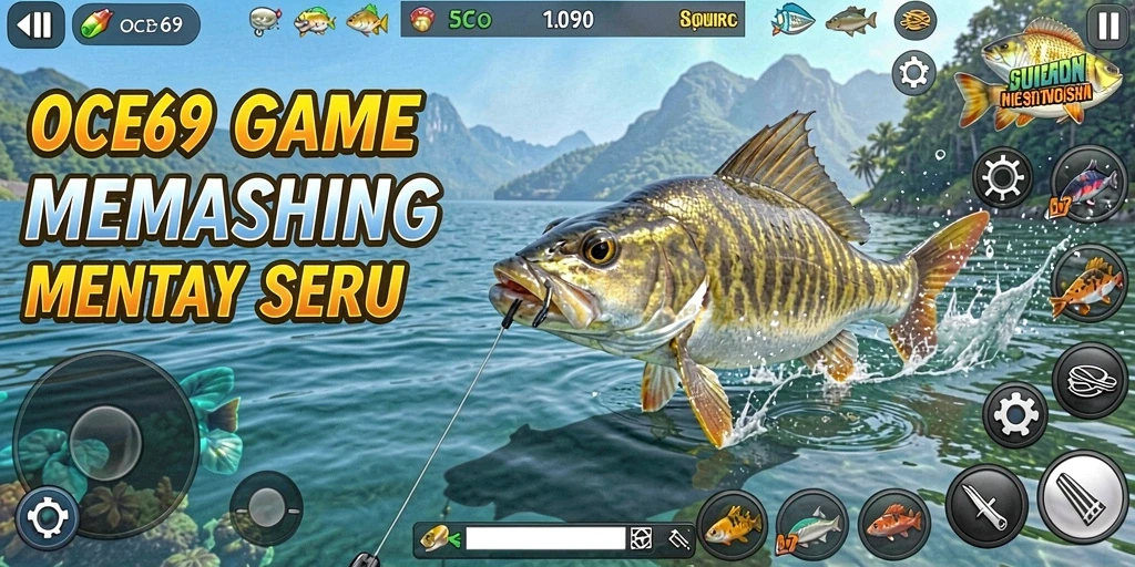 Tampilan gameplay OCE69 yang seru saat memancing ikan.