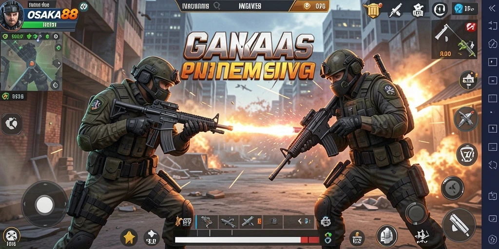 Gameplay OSAKA88 menampilkan aksi tembakan intens dan strategi yang mendebarkan.