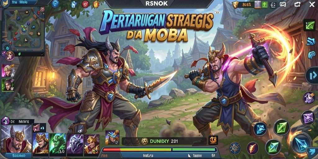 Screenshot utama RSNOK menampilkan gameplay pertarungan strategis MOBA.