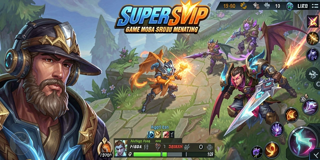 Gameplay seru di SUPERSVIP dengan pertempuran MOBA yang intens.