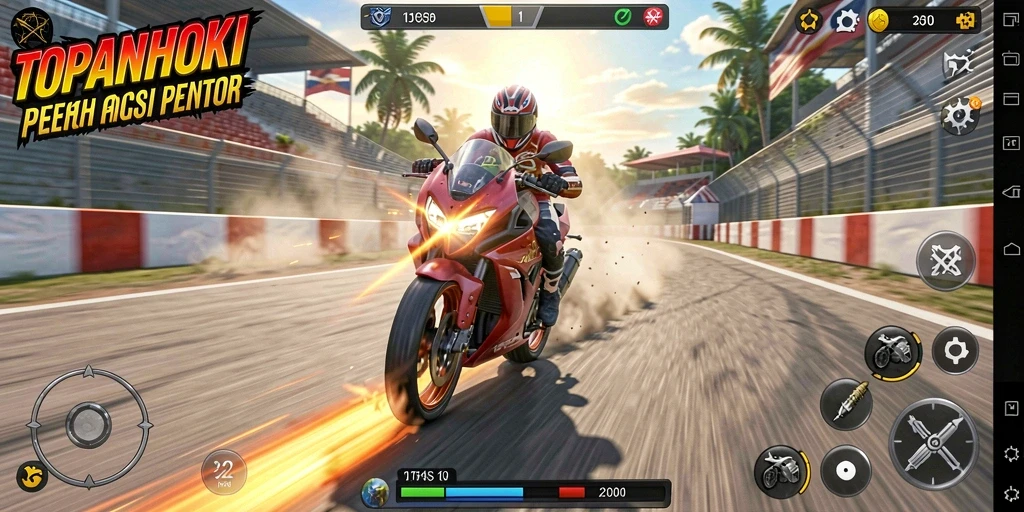 Screenshot utama menunjukkan aksi balapan motor yang mendebarkan di TOPANHOKI.