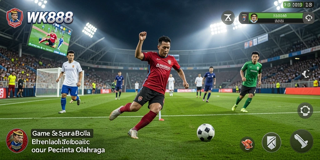 Tampilan gameplay intens di lapangan sepak bola dengan aksi seru.